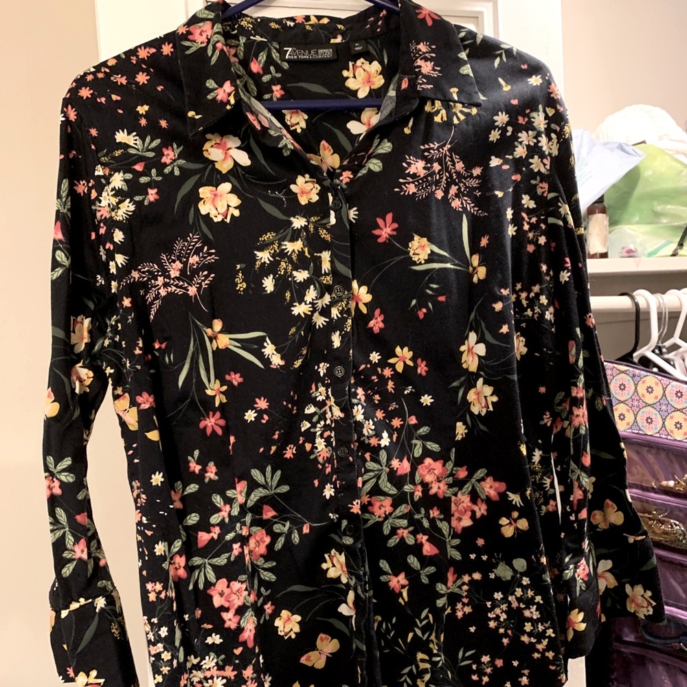 Black button down shirt with flower pattern
